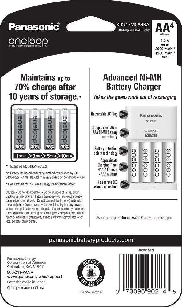 Panasonic K-KJ17MCA4BA Advanced Individual Cell Battery Charger Pack with 4 AA eneloop 2100 Cycle Rechargeable Batteries