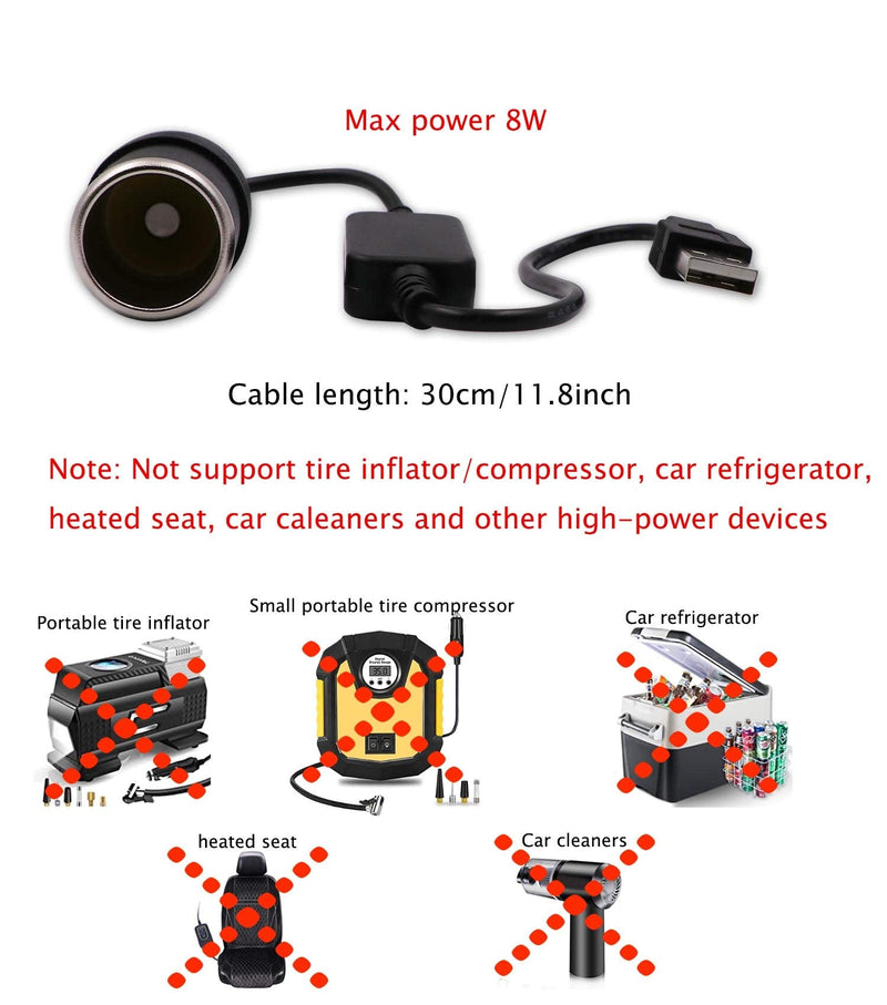 WYMECT USB A Male to 12V Car Cigarette Lighter Socket Female Converter Cable (8W Max) Black