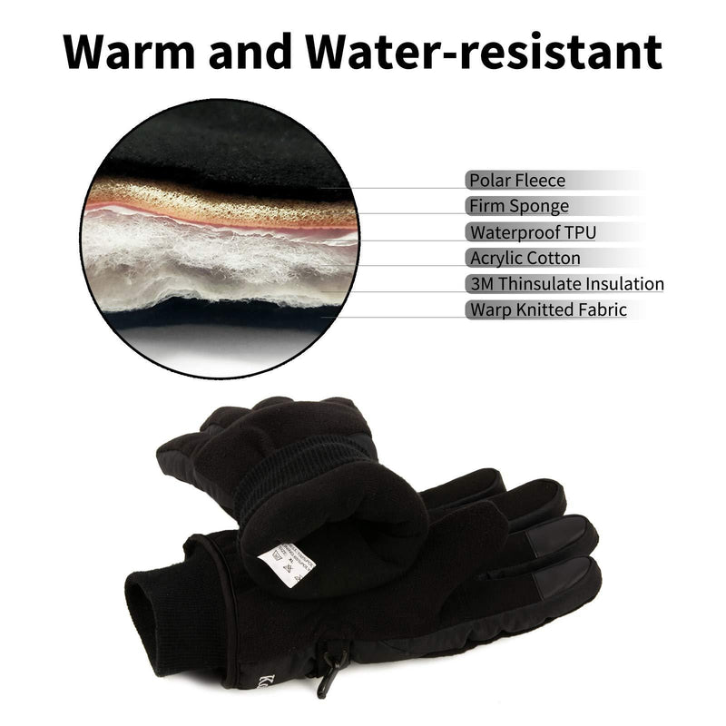 Koxly Winter Gloves Waterproof Windproof 3M Insulated Gloves 3 Fingers Dual-layer Touchscreen Gloves for Men and Women Small Black-black