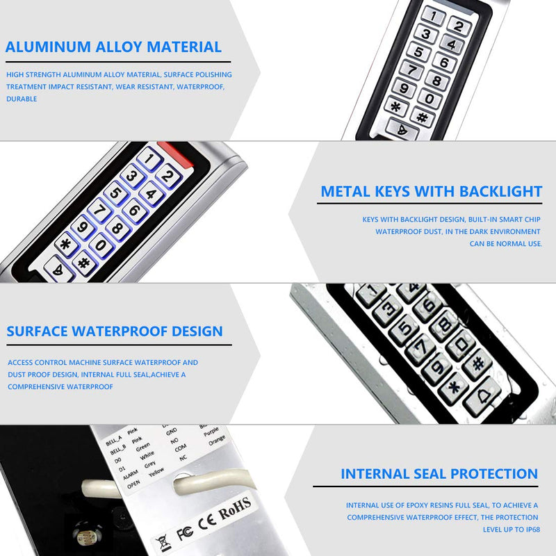 AMOCAM Door Access Control System Stand-Alone Password Keypad + 5PCS Proximity Keychains, Support 2000 Users Card Reader, Waterproof, Backlight, Zinc Alloy Metal Case