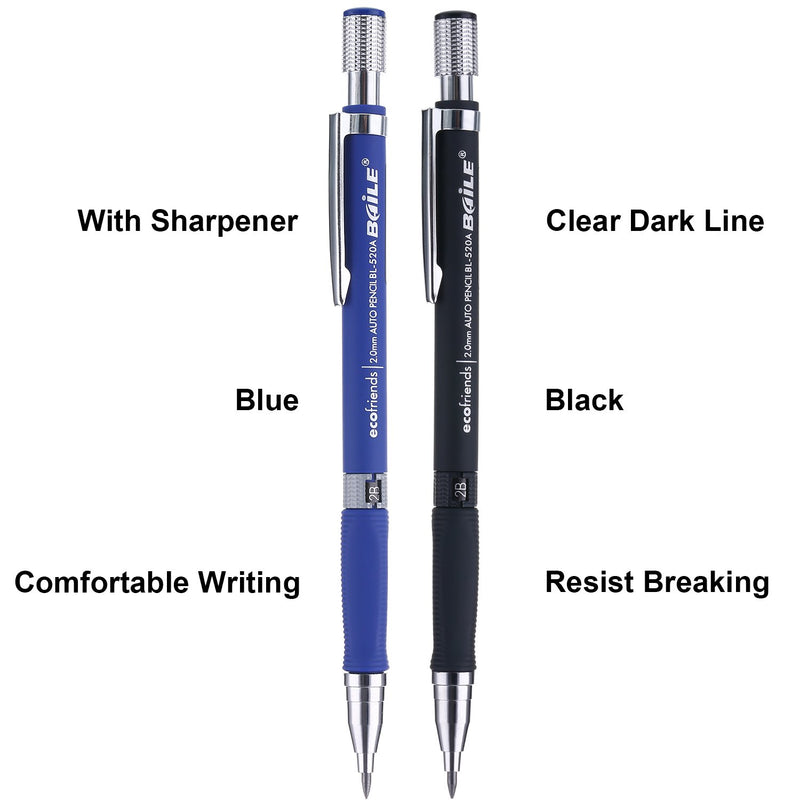 Bememo 2 Pieces Mechanical Pencils 2.0 mm 2B with 2 Case Refills and 2 Pieces Erasers for Draft Drawing, Carpenter, Crafting, Art Sketching (Blue and Black)