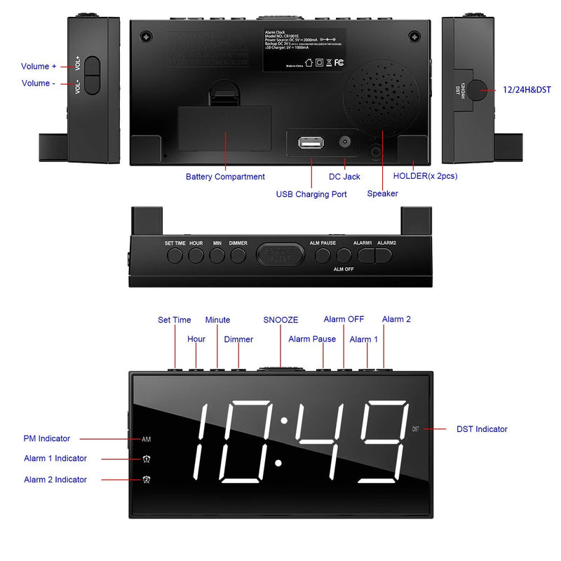 Alarm Clock for Bedroom, 2 Alarms Loud LED Big Display Clock with USB Charging Port, Adjustable Volume, Dimmable, Snooze, Plug in Simple Basic Digital Clock for Deep Sleepers Kids Elderly Home Office White Digits
