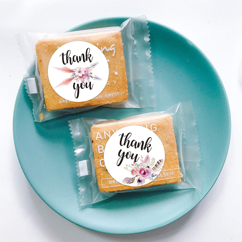 Thank You Stickers, Bohemian Feather Thank You Label Stickers, Chic Floral Label Stickers for Wedding, Company, Small Business, 6 Different Designs, 1.4 Inch, 500 Per Roll.