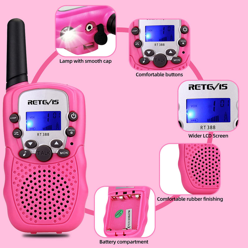 Retevis RT-388 Kids Walkie Talkies, with Rechargeable AAA Batteries,22CH Flashlight FRS,Gifts for Boys Girls 5-13,Spy Toy Outdoor Camping,(Pink,2 Pack)