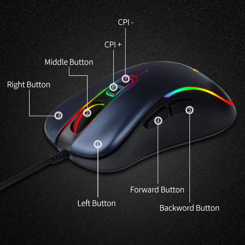 USB Computer Mice,RGB Optical Backlit USB Wired Mouse,6400 DPI 7 Buttons Premium and Portable Office and Home Mice Compatible with Windows PC, Laptop, Desktop,Notebook Blue