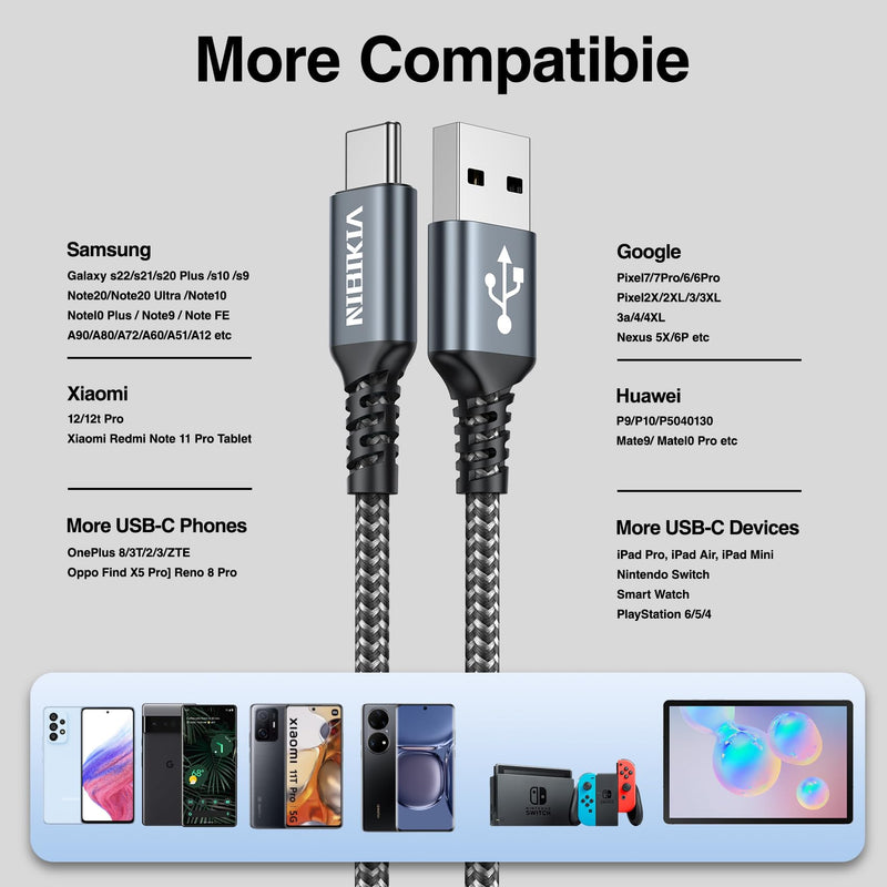 USB C cable, [2 pieces 2M] Nylon Fast Charge quick charging cable Type C charging cable for Samsung Galaxy S22 S21 S20 S10 A13 A14 A21 A40 A53 A54, Google Pixel, Motorolo, Nokia, Xiaomi Redmi gray
