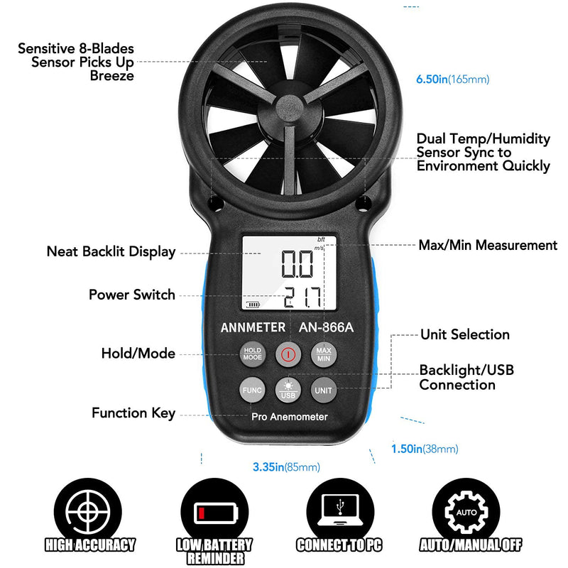 AIOMEST Wind Meter, Digital Anemometer Wind Meter Handheld, AI-866A Wind Meter CFM Wind Speed Meter for Wind Speed Temperature, with USB Port