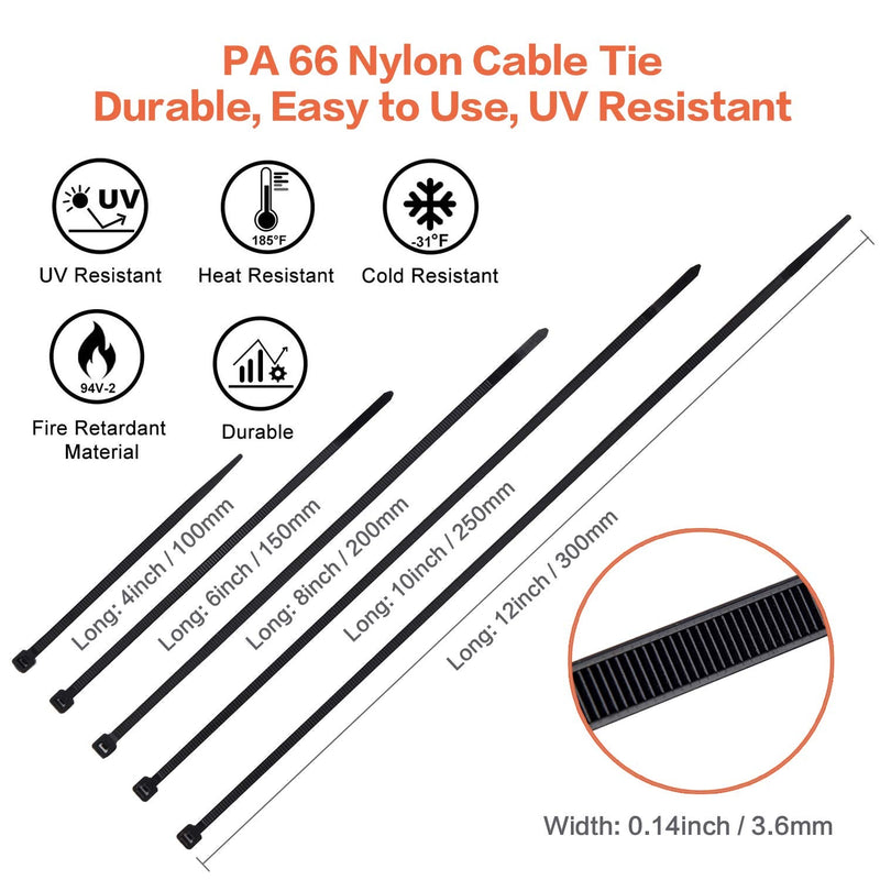 Zip Ties Assorted Sizes 700 Pack 4+6+8+10+12 Inch Cable Ties Heavy Duty 40lbs Plastic Wire Ties UV Resistant Zipties Black Small Zip Tie Wraps Assortment Cord Management for Home, Office, Gardening