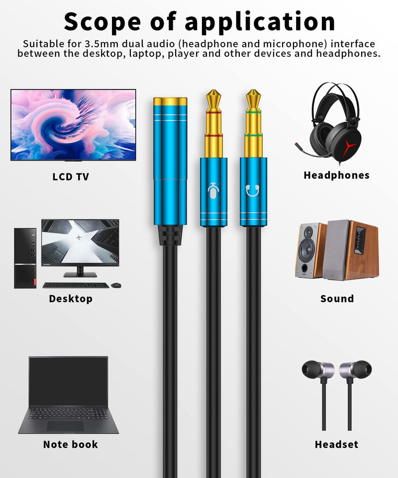 Headset Splitter Cable for PC 3.5mm Jack Headphones Adapter Headphone/Microphone Convertors for Computer 3.5mm Female to 2 Dual 3.5mm Male Earphone Y Splitter Light blue