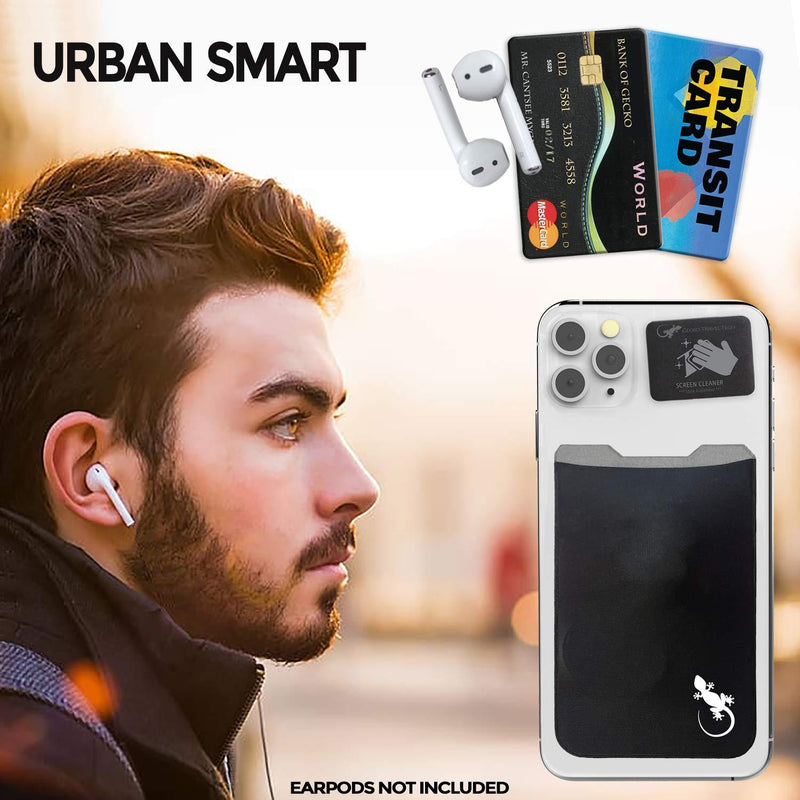 Gecko Adhesive Phone Wallet & RFID Blocking Sleeve, a Stick-On Stretchy Lycra Card holder Universally fits most Cell Phones & Cases. Xtra Tall Pocket Totally Covers Credit Cards & Cash - BLACK