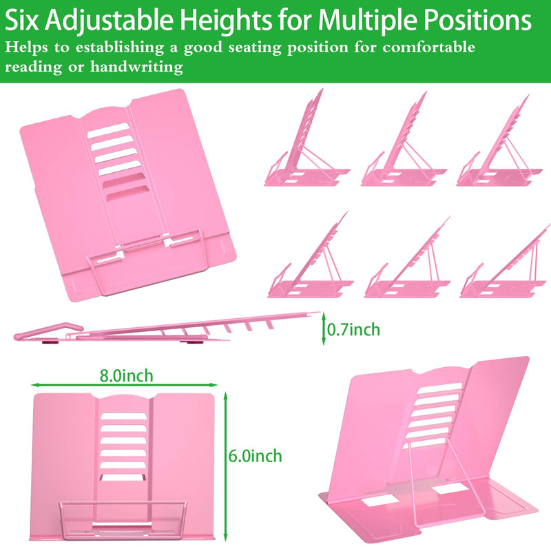 Desk Book Stand Metal Reading Rest Book Holder Adjustable Cookbook Documents Holder Portable Sturdy Bookstands for Recipes Textbooks Tablet,Pink Pink