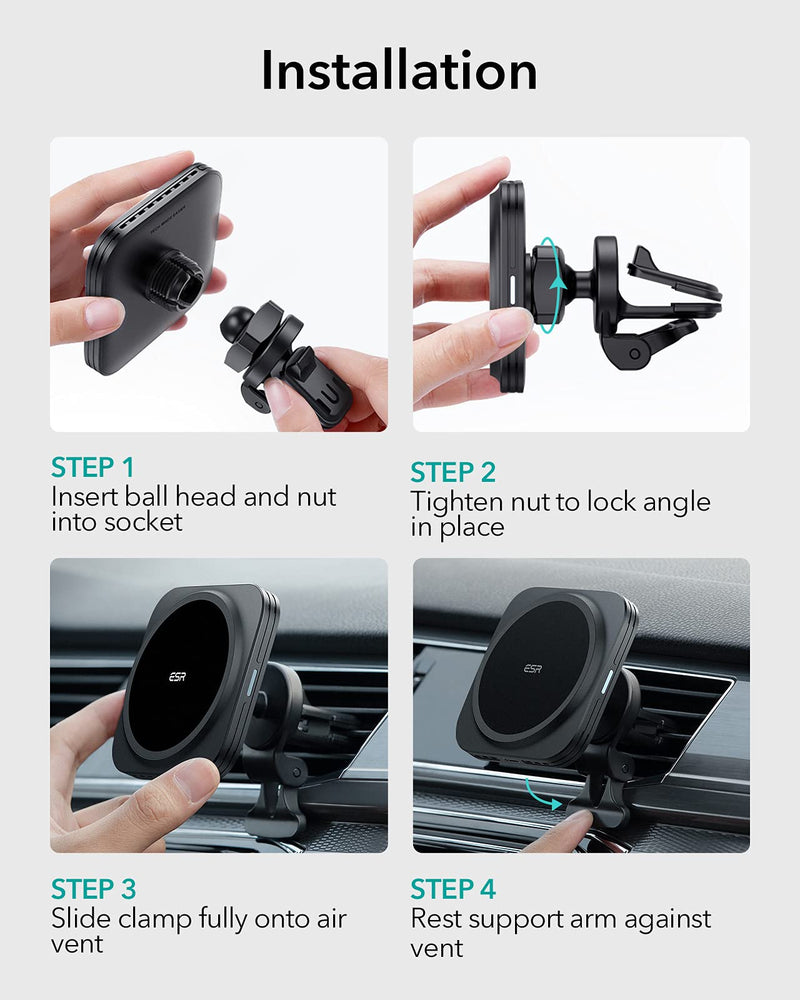 ESR HaloLock Magnetic Wireless Car Charger, Fast Charging, Compatible with MagSafe Car Charger, Air Vent Mount Compatible with iPhone 12/12 Pro/12 mini/12 Pro Max, Black