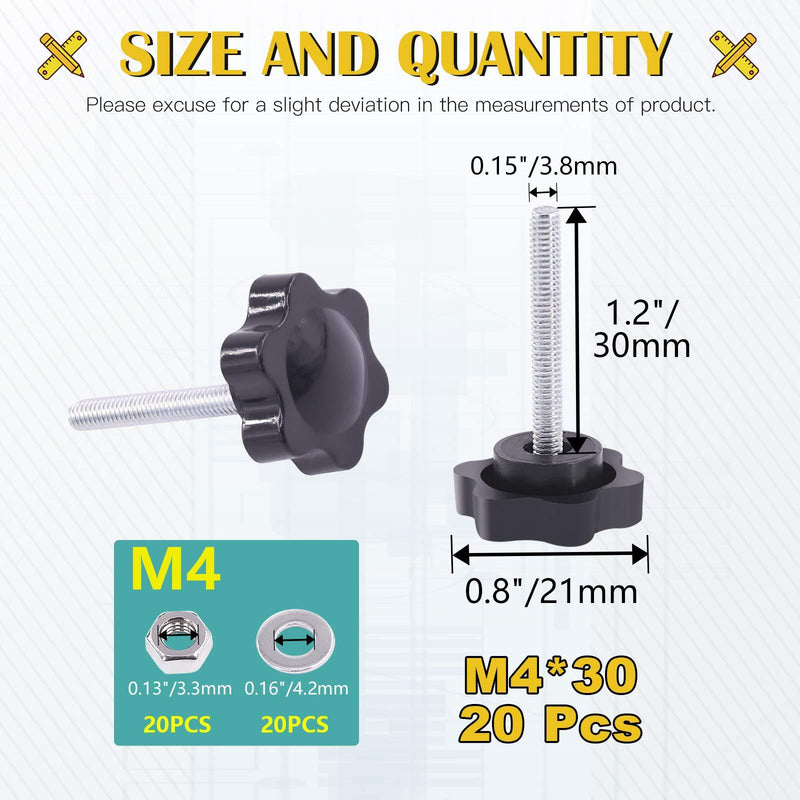 Mardatt 20 Sets M4x30mm Star Knobs Male Thread Clamping Knob Screw Hand Tightening Knob Quick Removal Replacement Parts with 304 Stainless Steel Hex Nuts and Flat Washers M4 x 30mm