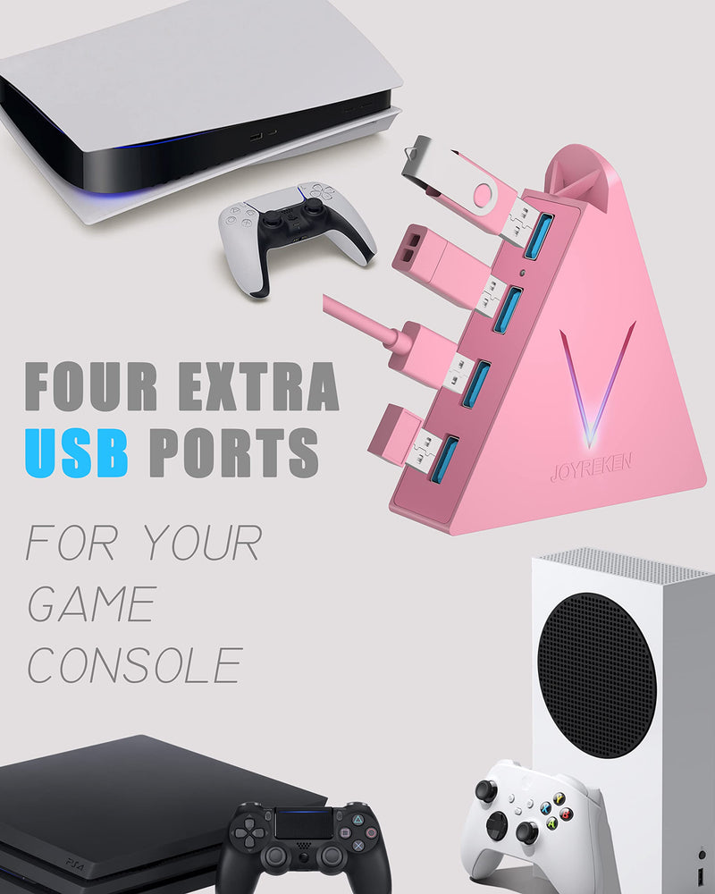 JoyReken 4-Port USB 3.0 Hub, FlyingVHUB Vertical Data USB Hub with 2 ft Extended Cable, for Mac, PC, Xbox One, PS4, PS5, iMac, Surface Pro, XPS, Laptop, Desktop, Flash Drive, Mobile HDD(Pink) Pink