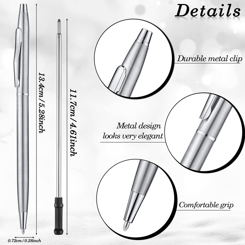 12 Pieces Slim Metallic Retractable Ballpoint Pens, Nice Present for Business Office Students Teachers, Black Ink, Point (1 mm) (Silver) Silver