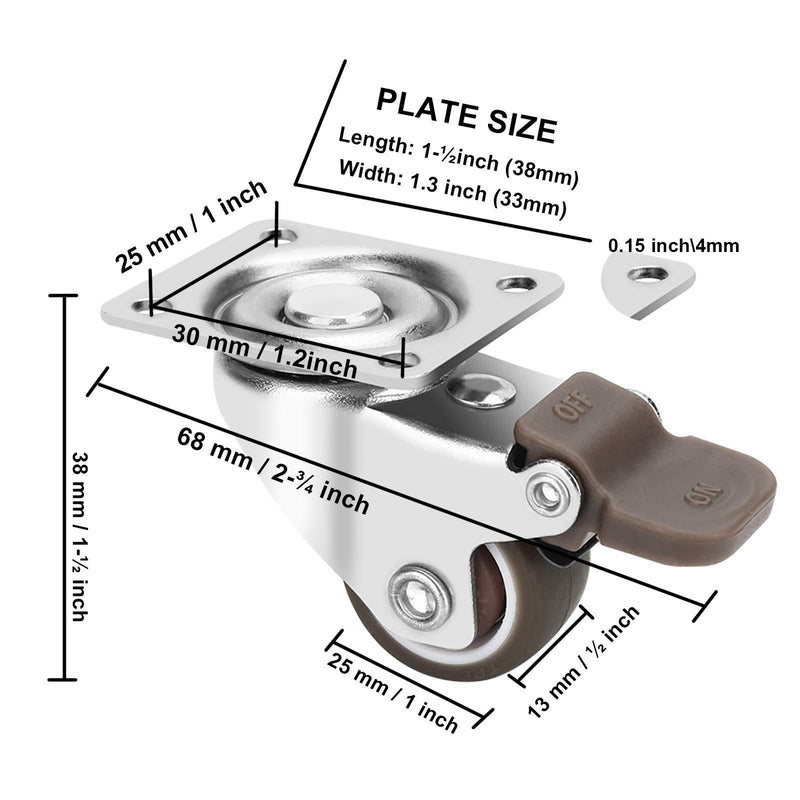 1-inch Casters Set of 4, Small Low Profile Caster with locking Brake & 360° Plate, Total Loads of 100 LB Furniture Transfers Castor Wheels, Rubber Wheel to Protect the Floor or Carpet from Scratches.