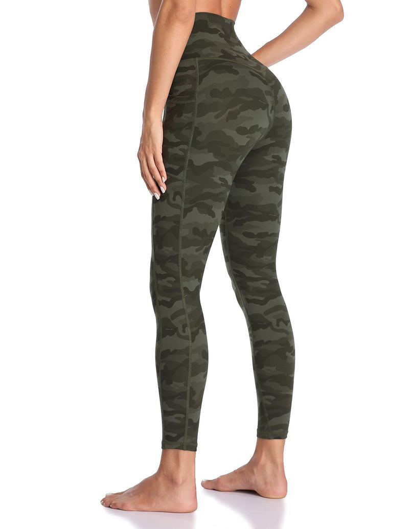 Colorfulkoala Women's High Waisted Yoga Pants 7/8 Length Leggings with Pockets Army Green Camo X-Small