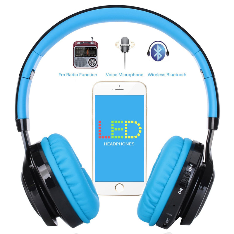 Bluetooth Headset, Riwbox AB005 Wireless Headphones 5.0 with Microphone Foldable Headphones with TF Card FM Radio and LED Light for Cellphones and All Bluetooth Enabled Devices (Black&Blue) Black, Blue