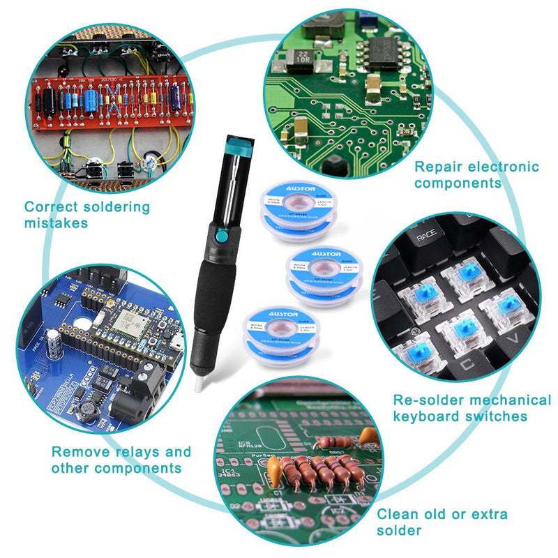 SIQUK 7 piece desoldering pump and solder wick kit with 1 piece desoldering pump and 6 pieces solder wick for removing solder wicks