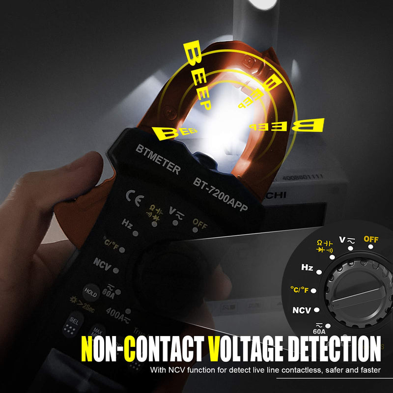 BTMETER BT-7200APP TRMS 6000 Counts Clamp Multimeter, Bluetooth Digital Clamp-on Ammeter for AC/DC Current Voltage Resistance Capacitor Frequency Continuity Temperature NCV