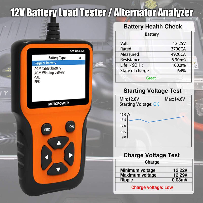 MOTOPOWER MP0515A 12V Car Battery Tester Automotive 100-2000 CCA Battery Load Tester Auto Cranking and Charging System Test Scan Tool Digital Battery Alternator Analyzer