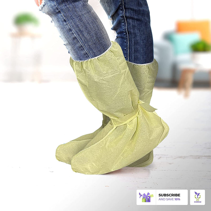 AMZ Medical Supply Disposable Shoe Covers for Indoors. Pack of 10 Yellow Shoe Booties Disposable Polypropylene Covers, Universal Shoe Booties with Fixation Ties, Knee-Length. Knee-Length / 10 pairs