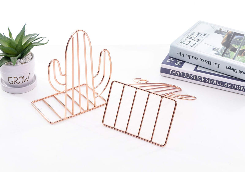 Chris.W 1 Pair Wire Rose Gold Bookends Decorative Metal Book Ends Supports Dividers for Shelves, Unique Cactus Design