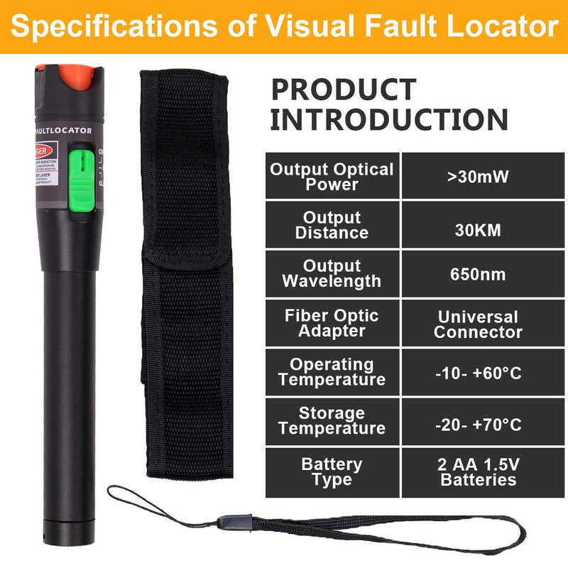 2PCS Visual Fault Locator 30km Fiber Optic Cable Tester Meter Red Light VFL with 2.5mm Universal Connector for FC/SC/ST Adapter Pen for CATV Telecommunications Engineering Maintenance 2PCS VFL