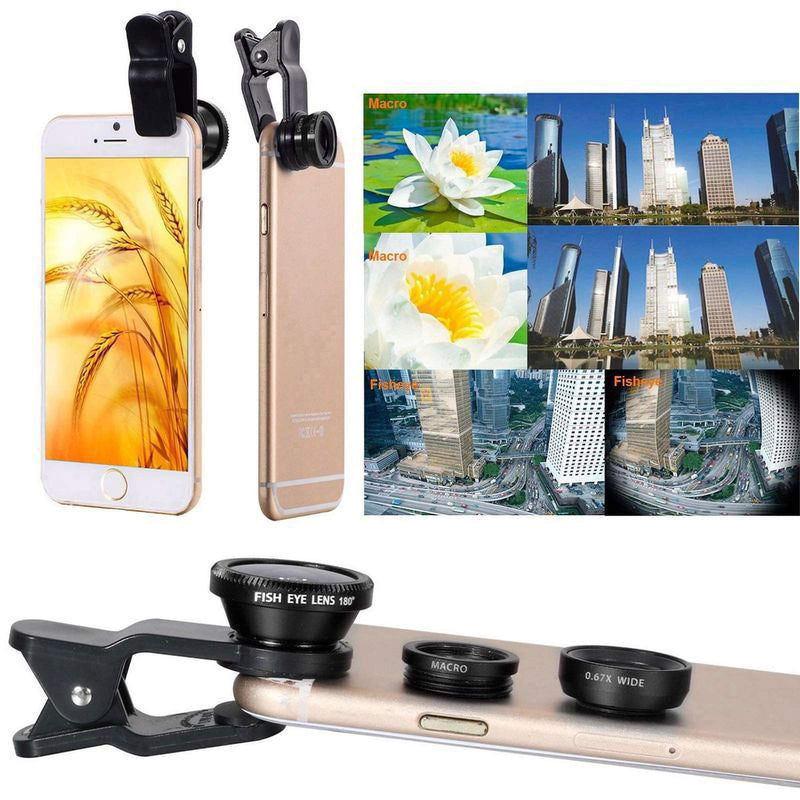 3 in 1 Cell Phone Camera Lens Kit Wide Angle Macro Fisheye Lens Universal for Smart Phones iPhone Samsung Android Black