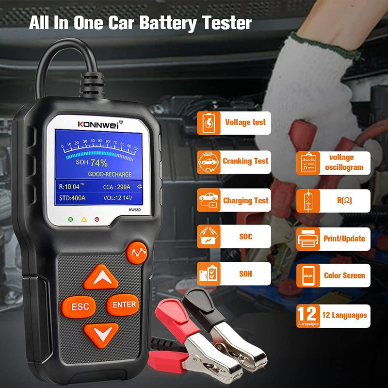 KONNWEI KW650 6V 12V Car Battery Tester, 100-2000 CCA Battery Load Tester Automotive Battery and Alternator Tester for Vehicles/Marine/Motorcycle/Lawn Mover