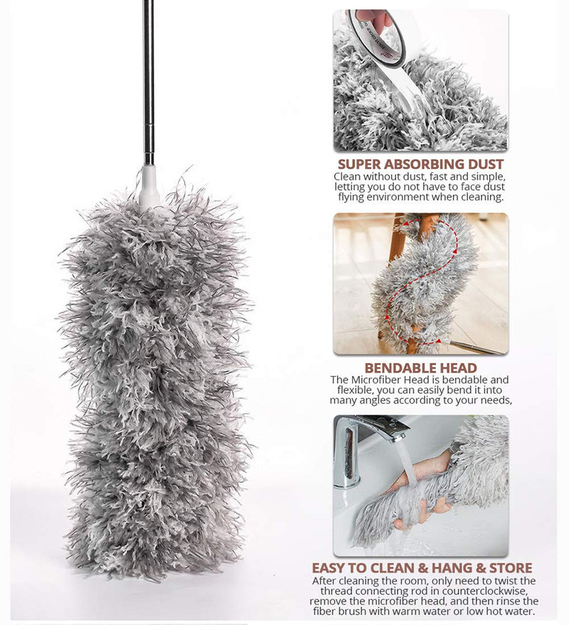 Webster Cobweb Duster, Feather Duster for Home, Extendable Dusters for Cleaning High Ceiling Fans, Hand Wall Duster, Long and Washable Dust Brush Grey