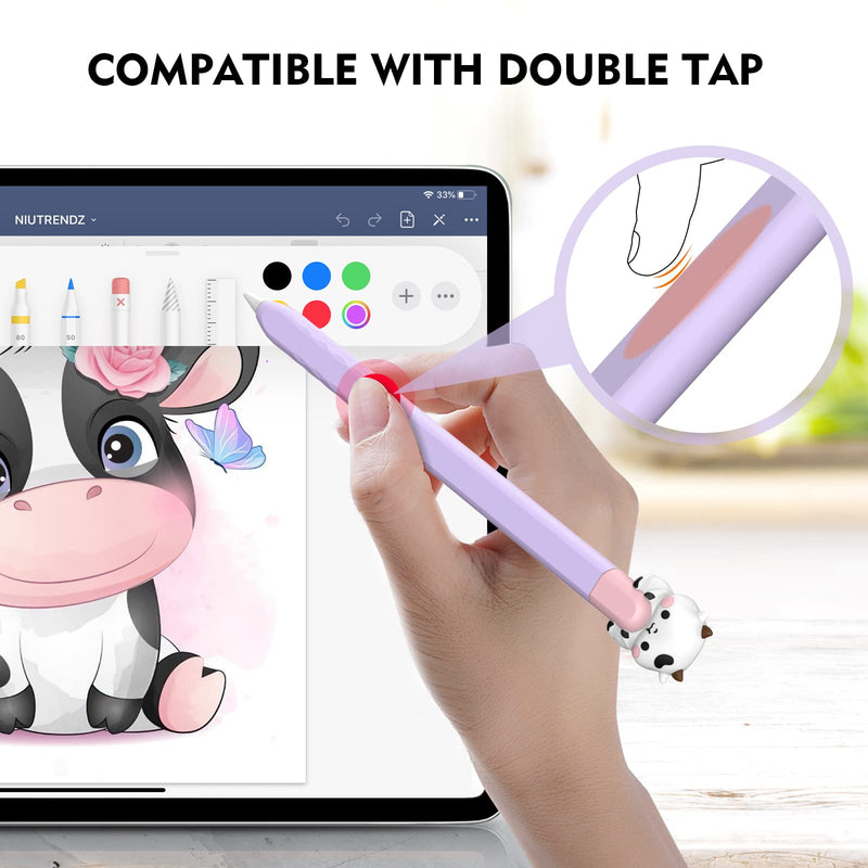 NIUTRENDZ Cute iPencil Case for Apple Pencil 2nd Generation Cover Silicone Sleeve Accessories Protective Skin Compatible with Magnetic Charging and Double Tap (Cow + Pink + Purple) Cow + Pink + Purple