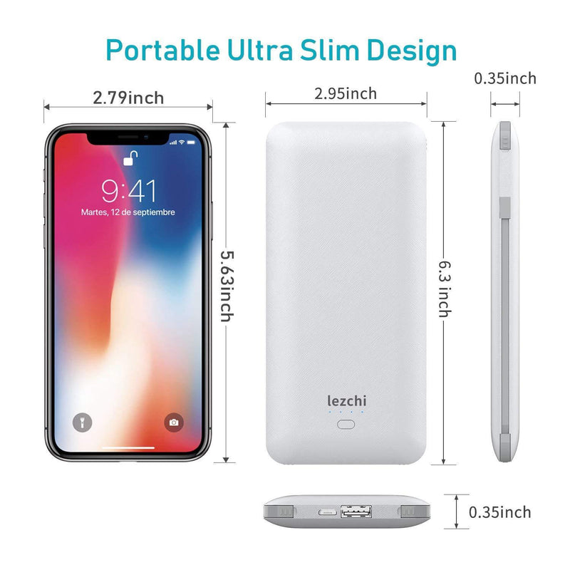Portable Power Bank, Ultra Slim 10000mAh Portable Charger, USB C External Battery Pack with Built-in AC Plug, Charging Cable, Output Port, Compatible with All Kinds of Cellphones … White