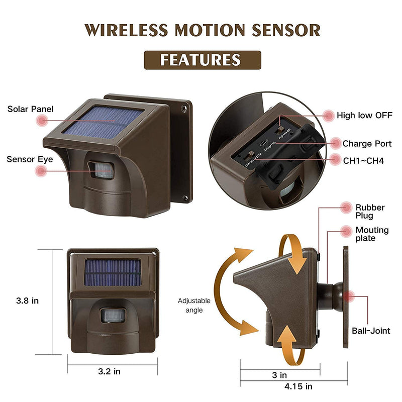 eMACROS Long Range Solar Wireless Driveway Alarm Outdoor Weather Resistant Motion Sensor & Detector-Security Alert System-Monitor & Protect Outside Property 1 receiver and 1 sensor