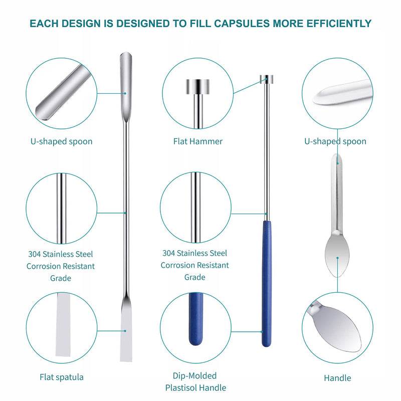 Capsule Filling Machine Kit for Pill Filler - Micro Spoon Spatula Tool for Gel Capsules Fast Fill Tray with Herb Powder Tamper Tools Sizes # 000 00 0 1 2