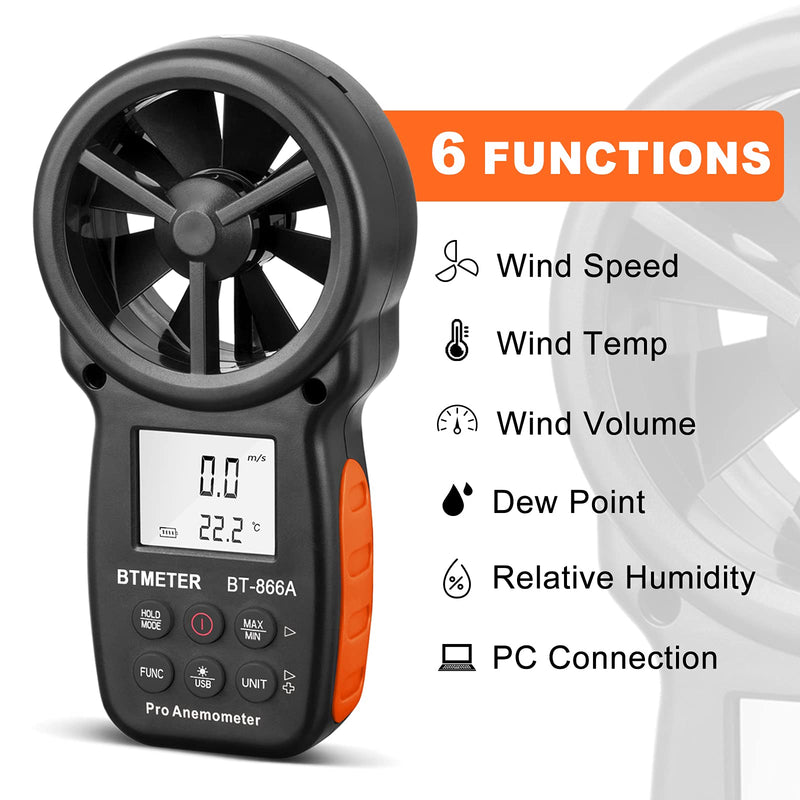 BTMETER BT-866A Pro Handheld HVAC Anemometer for CFM Air Flow, Wind Speed Meter Gauge Measures Wind Velocity Temp %RH Dew Point with USB Sync to PC BT-866A Anemometer