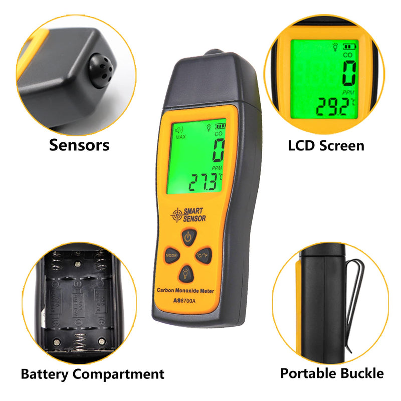 Handheld Carbon Monoxide Meter, 80db Light CO Leak Detector, Portable Handheld CO Detector, CO Gas Analyzer with LCD Display, 0-1000 ppm High Precision