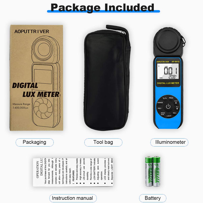 Light Meter AP-881D Digital Illuminance Meter Ambient Temperature Measurer with Range up to 400,000 Lux Luxmeter,Rotatable Head for 270 Degrees,Display 3999,Data Hold,Back Light (Blue) AP881D-Blue