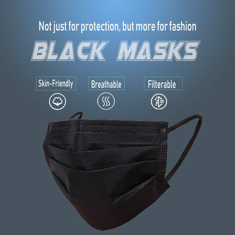 Wecolor Disposable 3 Ply Earloop Face Masks, Suitable for Home, School, Office and Outdoors (Black) Black 100 Count (Pack of 1)