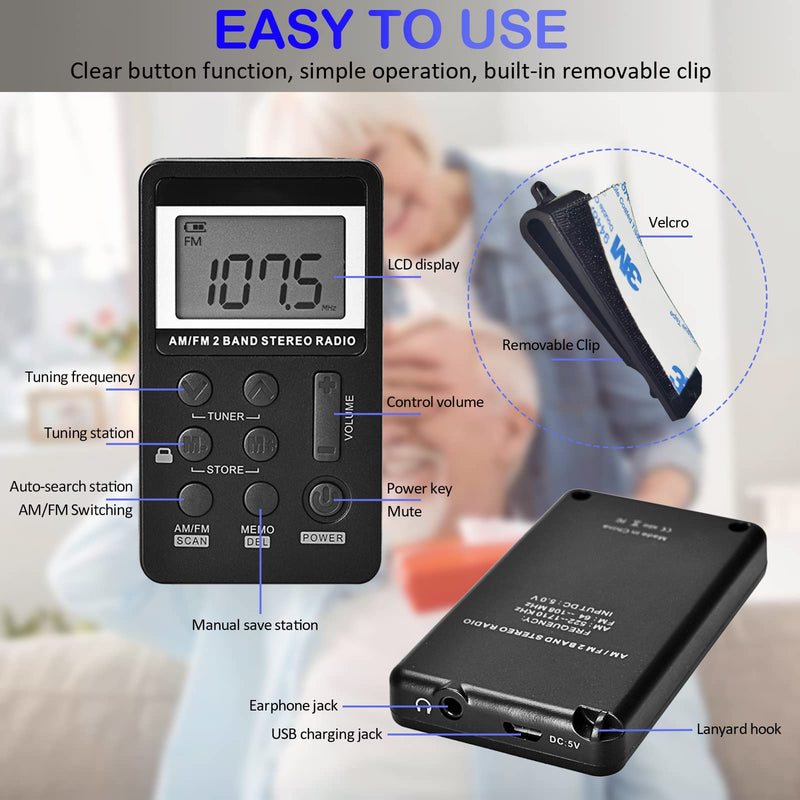 SWDSTP AM/FM Personal Portable Radio, Pocket Radio with Digital Tuning LCD Display, Rechargeable Walkman Radio with Sterio Earphone, Small Radio with Removable Back Clip for Walking, Jogging