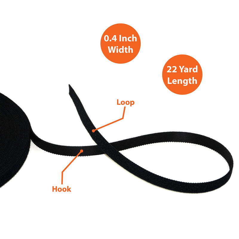 22 Yards Roll 0.4 Inch Black Hook and Loop Tape Nylon Cord Management Strap Self Adhesive Reusable Cable Fastening Tape