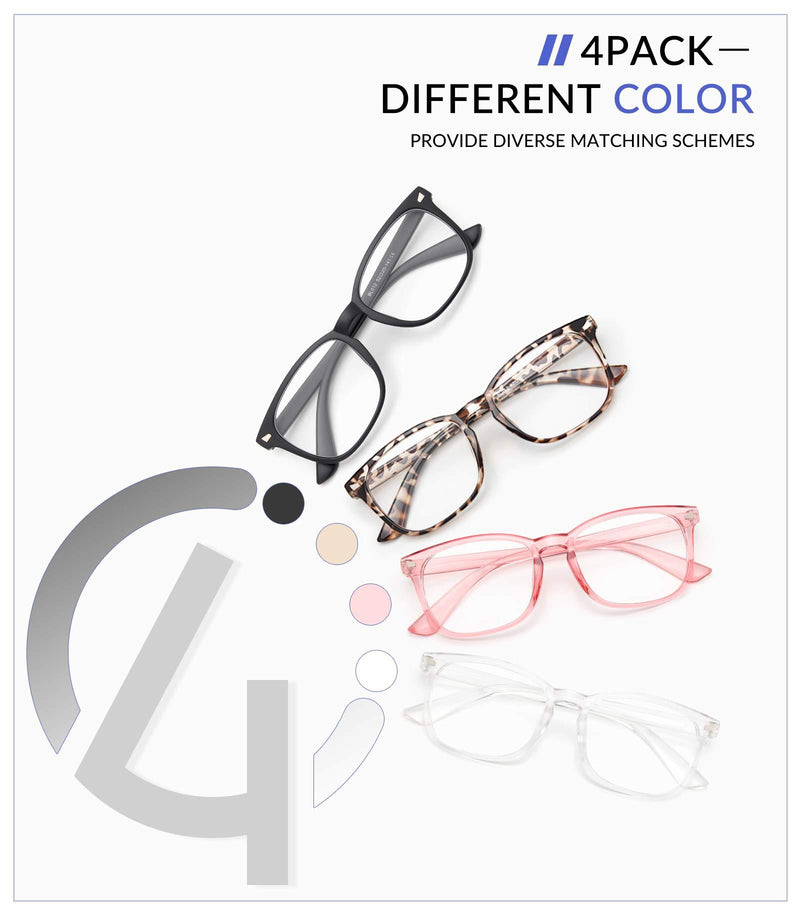 Gaoye 4-Pack Blue Light Glasses, Anti UV Ray/Glare Lens Fashion Fake Frames Computer Gaming Glasses for Women Men A1 Matte Black+leopard+transparent+pink clear