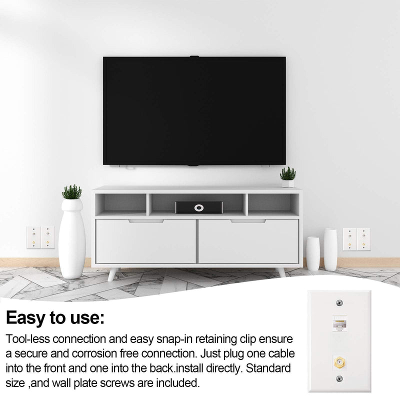 8 Pack Cat6 Coax Wall Plates, Cat6 Ethernet Port and Cable TV Coax Gold-Plated F-Type Port Wall Plate (White) White