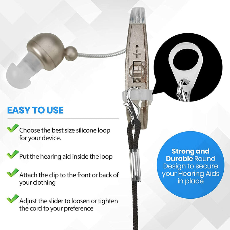 Hearing Aid Clips - Protective Holder with Anti Lost Lanyard Cord - Rope with Loops and Clip and Security Clip Ideal for Behind The Ear Hearing Aids and Personal Sound Amplifiers, (Pack of 2)