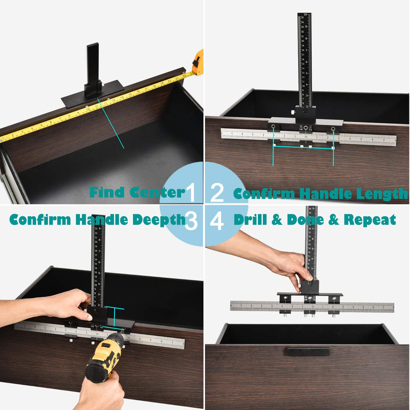 Cabinet Hardware Jig All Metal, with Φ5mm & Φ4.2mm Drilling Hole, Aluminum Alloy Cabinet Hole Drilling Template for Knob/Handle/Pull. Extra 2 Drill Bits & 1 Set of Fittings, Inch & Metric(2 Scale) Black