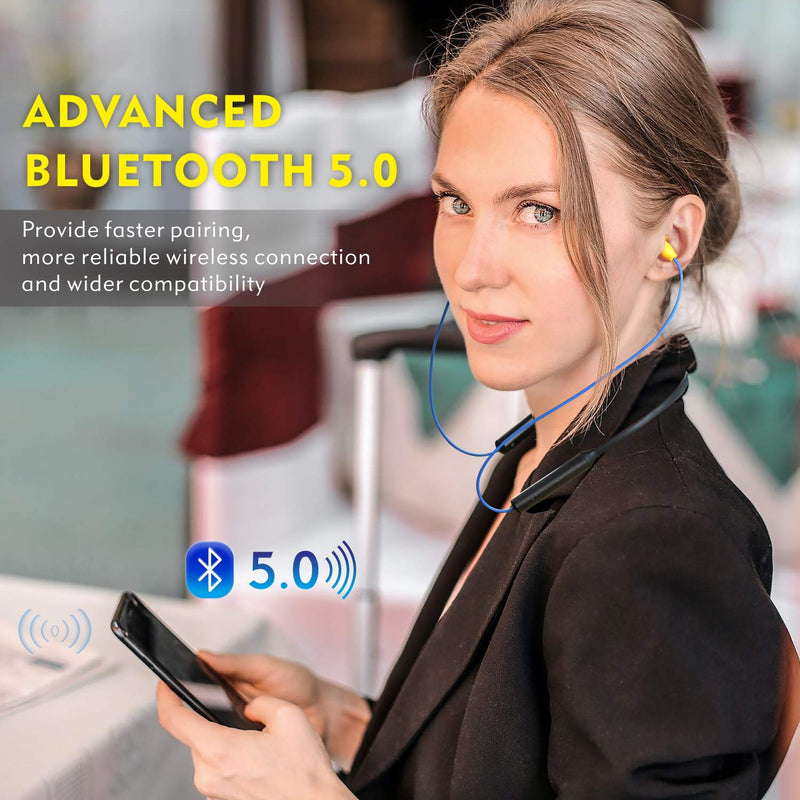 Bluetooth earplug headphones, Mipeace neckband wireless earbuds earplugs-29db noise reduction isolating in-ear earplug earphones with mic and controls, IPX5 sweatproof, 16+Hour battery for work safety Non-replaceable (Blue)