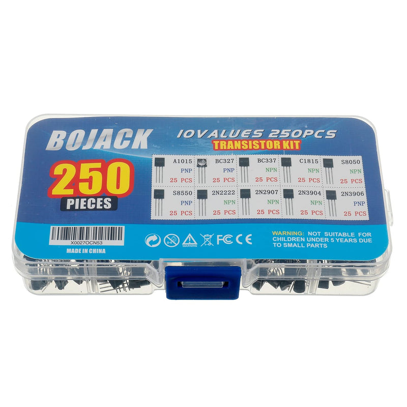 BOJACK 10 Values 250 Pcs A1015 BC327 BC337 C1815 S8050 S8550 2N2222 2N2907 2N3904 2N3906 PNP NPN Power General Purpose Transistors Assortment Kit