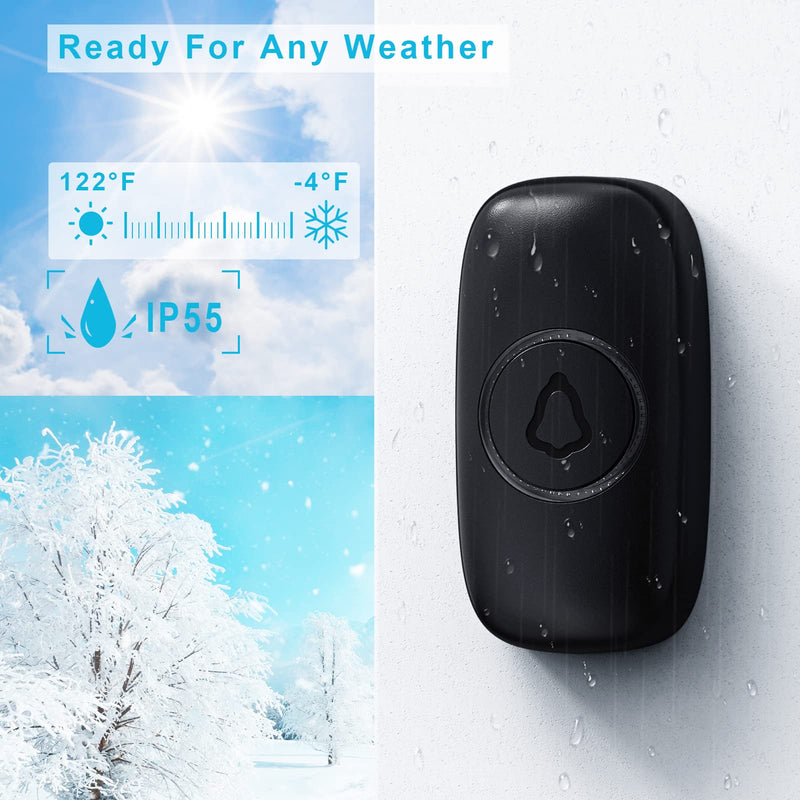 SECRUI Wireless Doorbell – Doorbell Wireless Kits with 2 Receivers – Battery Operated Doorbell with 52 Chimes, 110dB, Flash Lights, – Waterproof Modern Doorbell – Over 1000ft Coverage Black