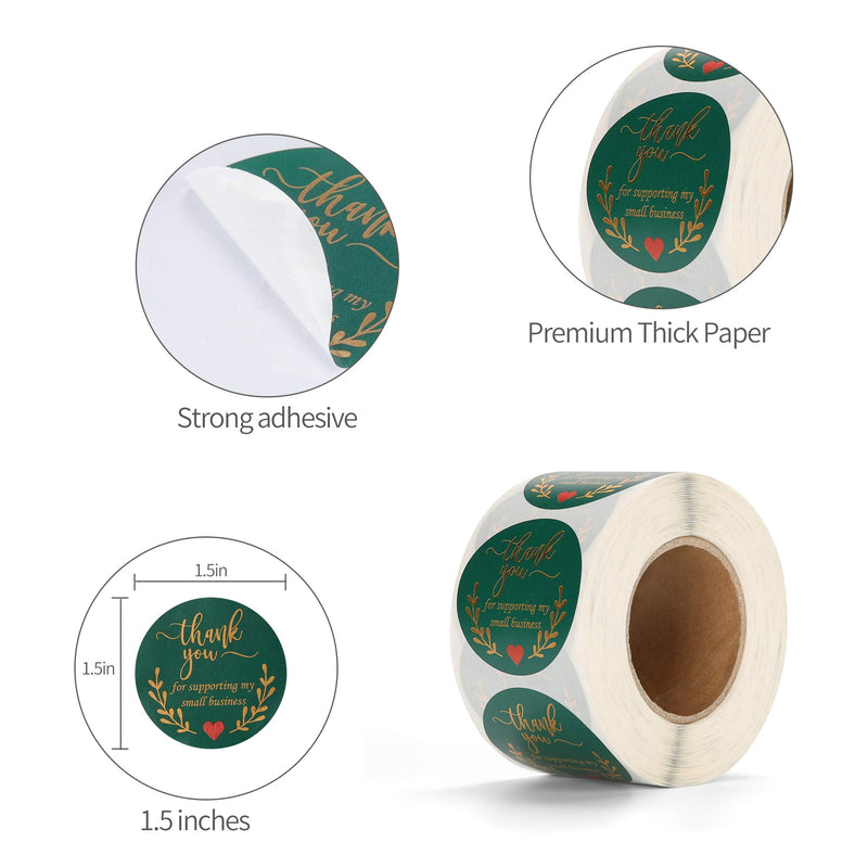 Thank You Stickers Roll - 1.5 Inch Thank You for Supporting My Small Business Stickers, Retro Green with Gold Foil Design, 500 Labels per Roll, Ideal for Business Gift Bags and Retailers