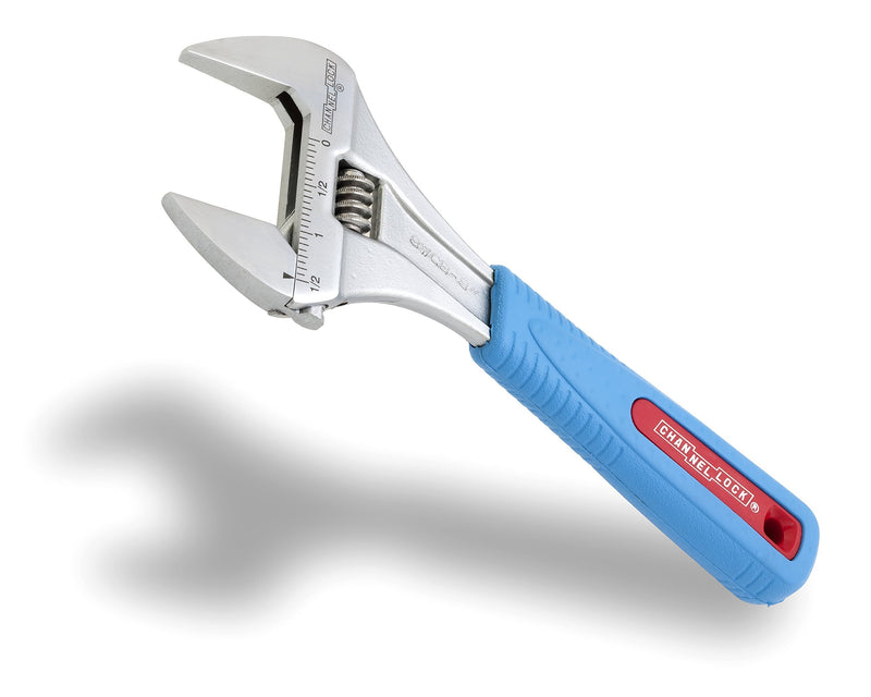 Channellock 8WCB 8-Inch WideAzz Adjustable Wrench | 1.5-Inch Wide Jaw Opening | Precise Jaw Design Grips Tight - Even in Tight Spaces | Measurement Scales Engraved on the Tool for Easy Sizing of Diameters | CODE BLUE Comfort Grip